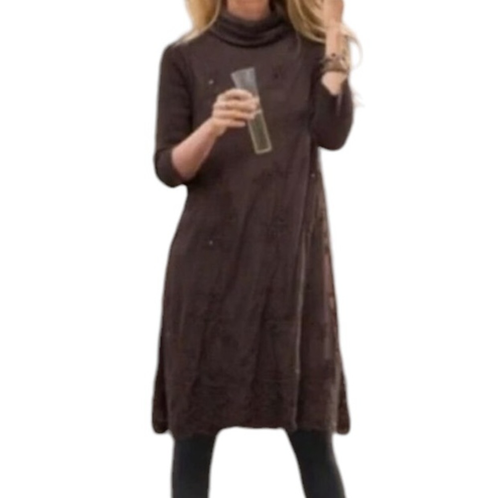 Sundance "Eventide" Embellished Cowl Neck Sweater Style Dress in Brown L